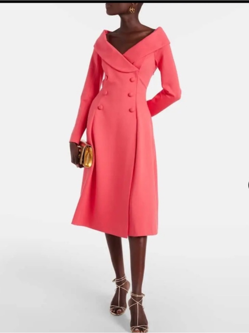 Dorothee Schumacher Off-Shoulder Coral Long-Sleeve Double-Breasted Midi Dress - Picture 4 of 16